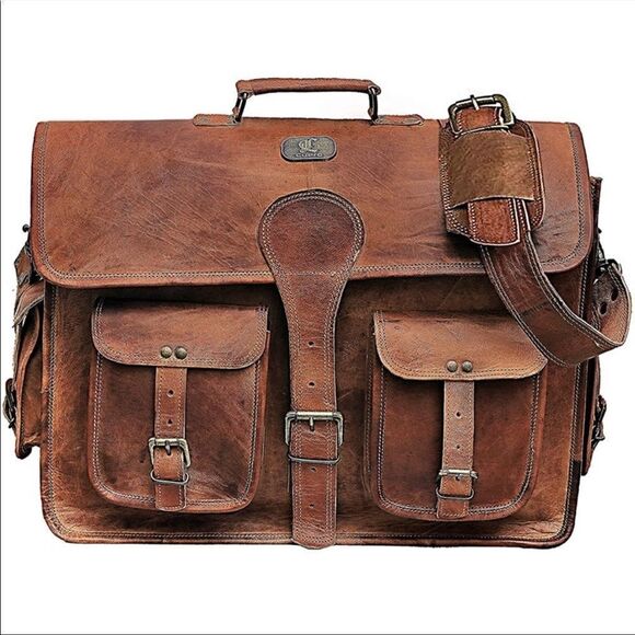 Vintage Leather Travel Messenger Office Crossbody Bag Briefcase - Picture 3 of 8